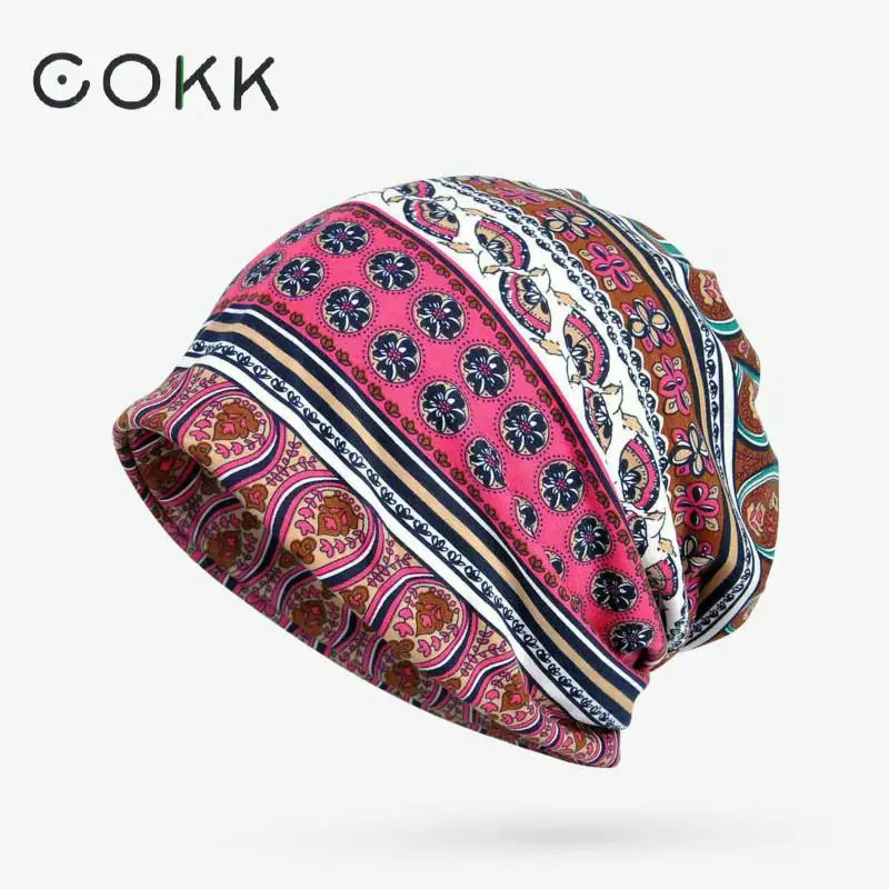 

COKK Turban Hat Female Winter Hats For Women Stripe Flower Pattern Stocking Hat Ladies Winter Knitted Cap Bonnet Scarf/Headwear