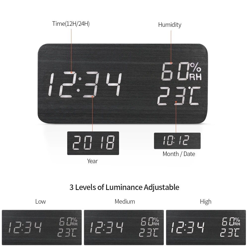 Светодиодный Деревянный Будильник, Звуковое управление, 3 будильника, цифровой будильник, USB/батарея, диммер, домашний гигрометр, термометр, настольные часы