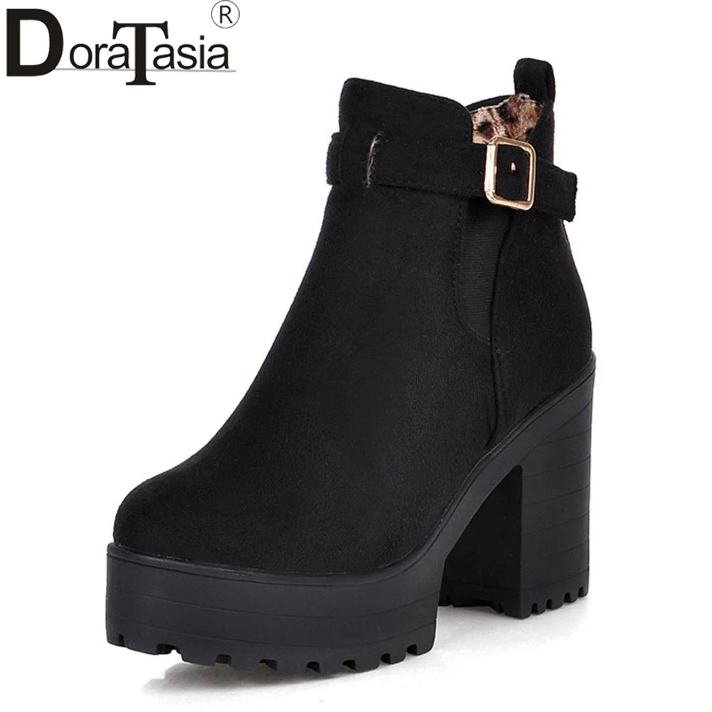 

DORATASIA New Solid Square High Heels Buckle Strap Platform Casual Shoes Women Winter Boots Female Large Size 34-46