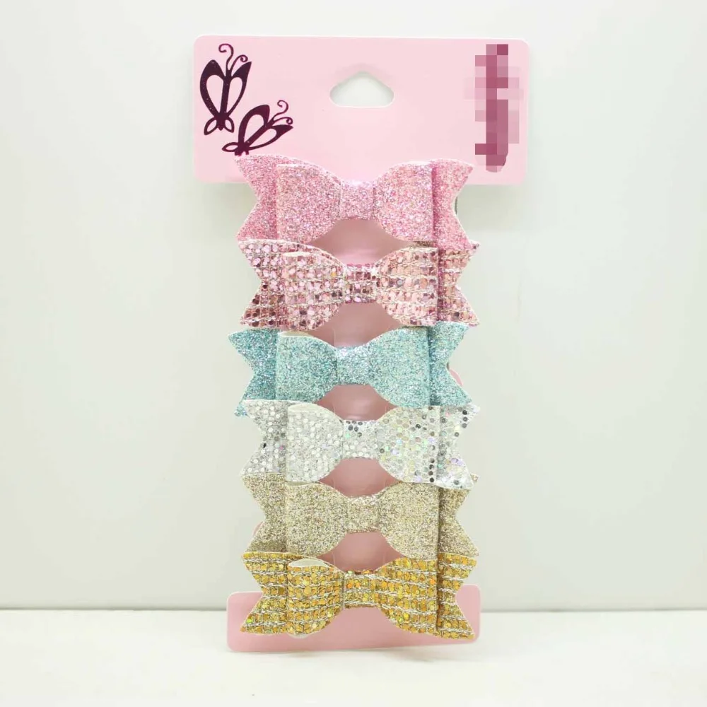 

Wholesale 6pcs/set light color hair bows hair clips PU glitter solid hairpins cute barrettes girls women hair accessories