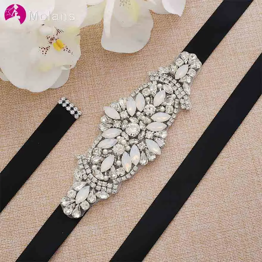 

MOLANS Gorgeous Diamonds Pearl Opals Bride Belts for Wedding Dress Accessories Silver Crystal Beading Applique Waistband Jewelry