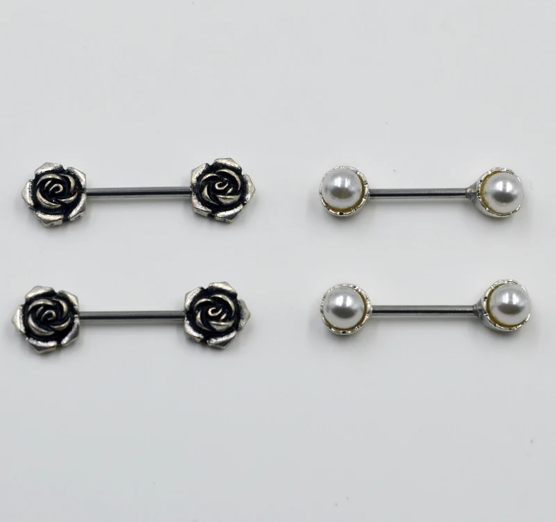 2 pairs/set Nipple Piercing Jewelry Pearl Nipple Ring Barbells Silver