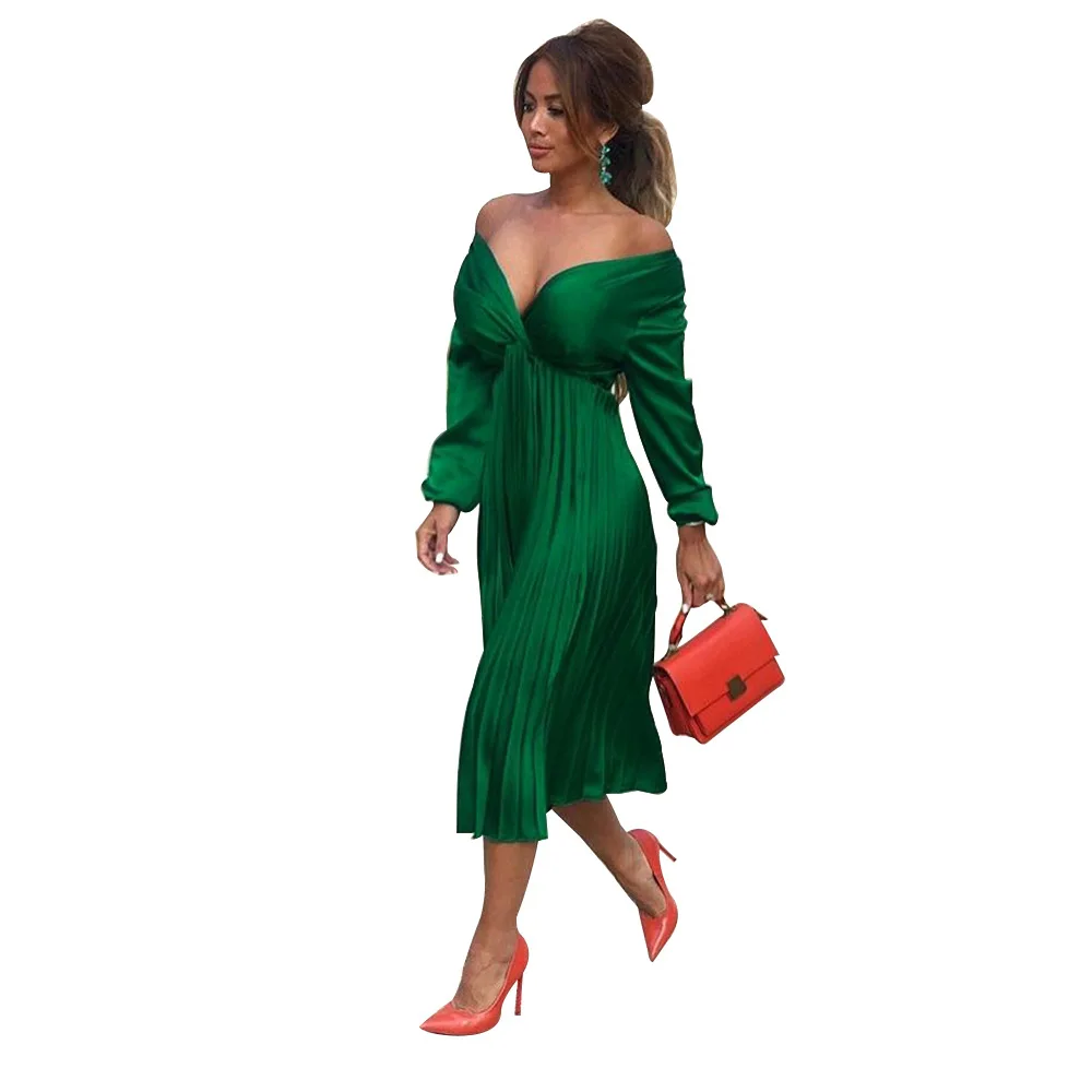 Adogirl Elegant Ruched Satin Dress Women Vintage Off Shoulder Wrap V Neck Long Lantern Sleeve A-Line Sexy Party Vestidos | Женская