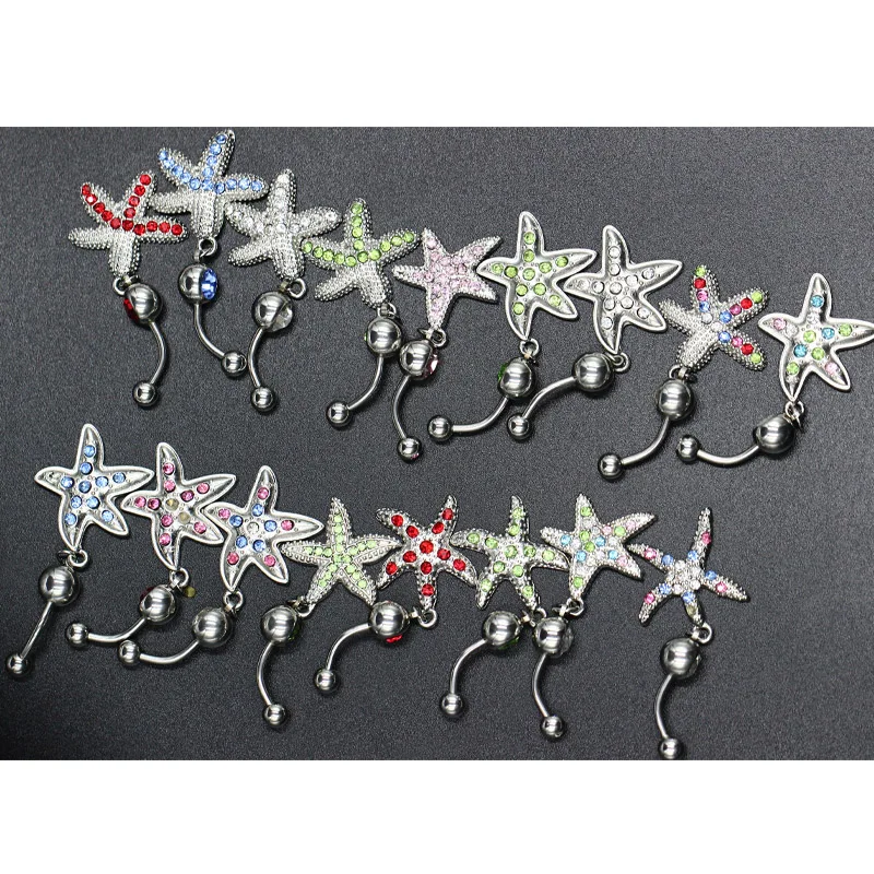 

3pcs Wholesale Lots Multicolor Crystal Sea Stars Dangle Body Piercing Navel Belly Button Ring Bar Women Dance Ring