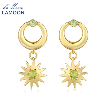 

LAMOON 100% Natural Green Peridot Drop Earring For Women Moon & Sun 925 Sterling Yellow Gold Plated Fine Jewelry LMEI080