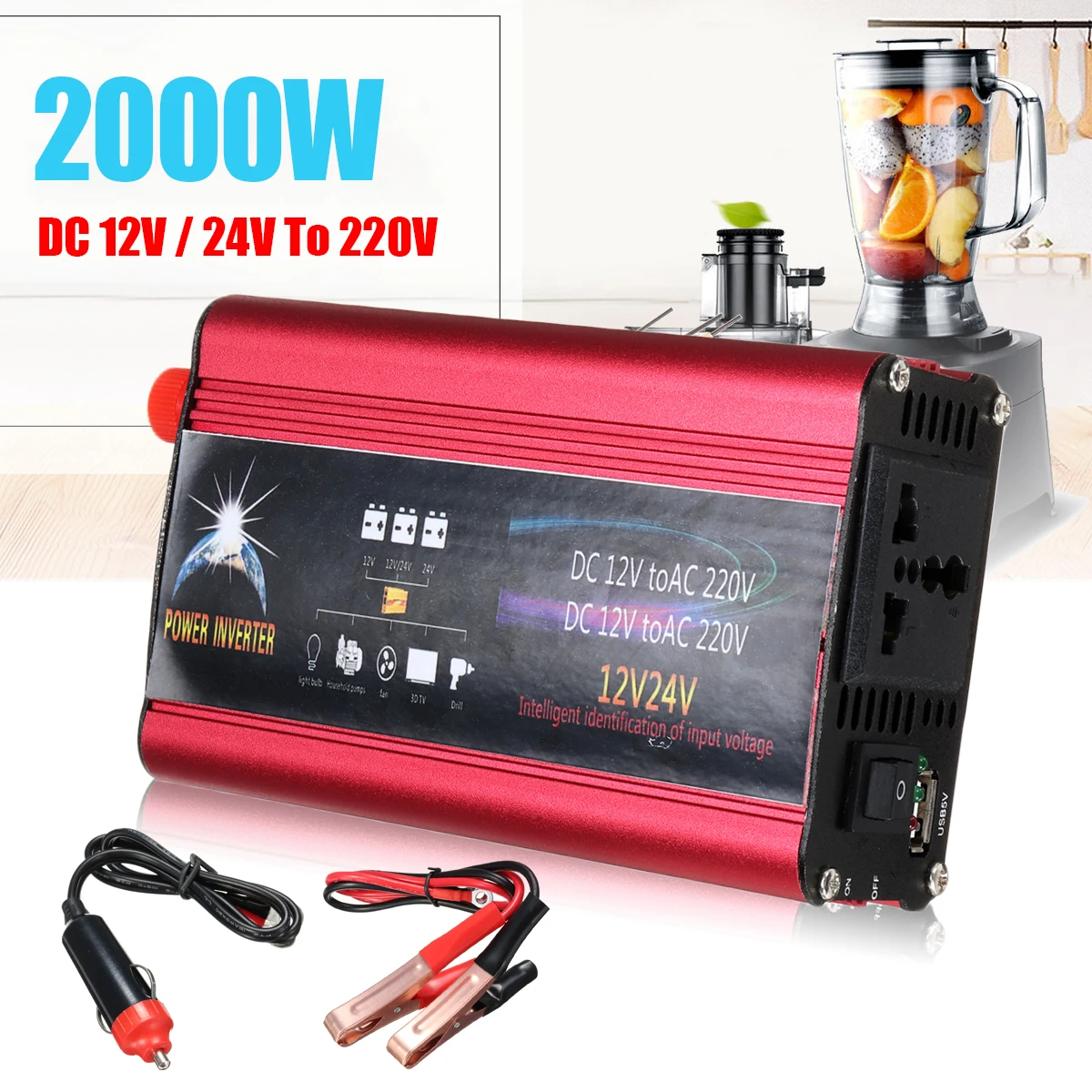 

P EAK 2000W DC12/24V To AC 220V Sine Wave Power Inverter Car Charger USB Converter Aluminum Alloy Protect Voltage Transformer