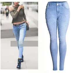CbuCyi Большие джинсы Для женщин джинсовые брюки вышитые вспышки Высокая талия узкие эластичные штаны Женского Беленой джинсовые узкие брюки