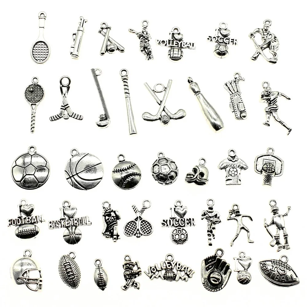 

100g Random Mix Designs Antique Silver Color Zinc Alloy Sport Charms Jewelry Findings DIY Handmade Craft