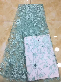 

2018 high quality lace Mint Green French net lace fabric 3D flowers African tulle lace with beads for party X1109