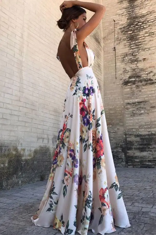 2018 Summer Women Floral Print Boho Dress Sexy Deep V-Neck Maxi Beach Sundress Spaghetti Strap Backless Long Dresses Dresses