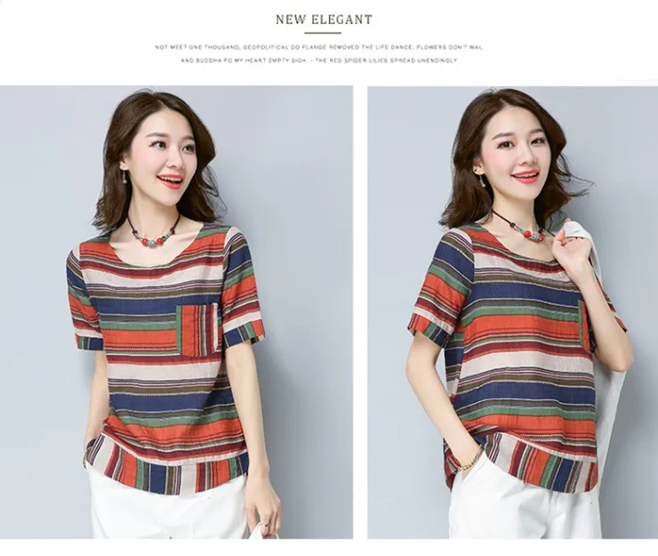 Cotton Linen Blouse Shirt Female Colourful Striped Tops Ladies 2018 New Summer Short Sleeve Women Shirts Rayas Blusas Mujer Mode (6)
