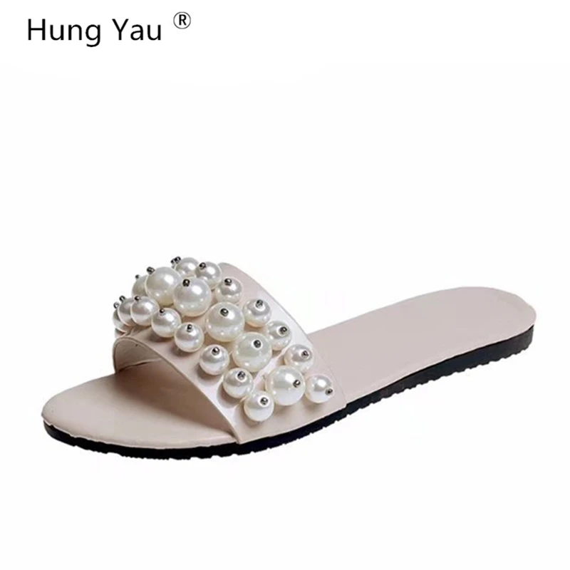 

Hung Yau Women Sandals Plus Size 42 Beach Pearl Slippers Flip Flops Summer Style Casual Shoes Woman Flats Female Slides Shoes