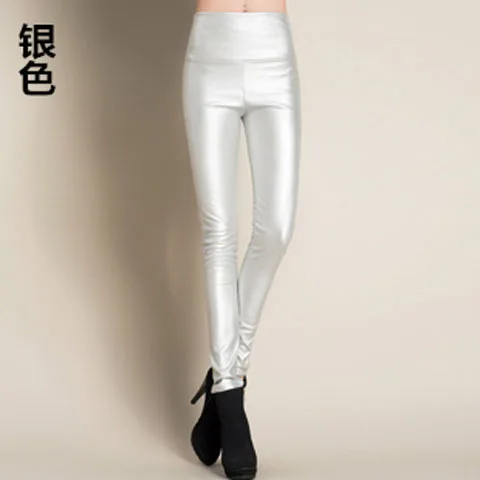 Осенне-зимние Бархатные обтягивающие кожаные брюки из искусственной кожи, женские сексуальные эластичные брюки из искусственной кожи с высокой талией, черные леггинсы, женские узкие брюки - Цвет: Silver