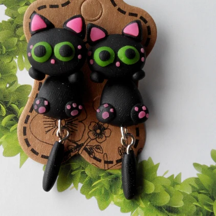 2015 Fashion 100% Handmade Polymer Clay Lovely Cat Stud Earring For Women Animal Earrings Fine Jewelry Girl 1 pair 4113 | Украшения и