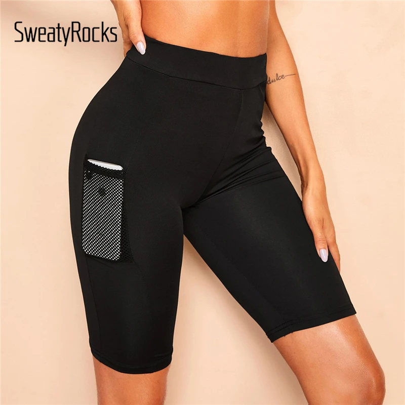 

SweatyRocks Mesh Pocket Patched Solid Skinny Cycling Shorts Active Wear Women Biker Shorts 2019 Summer Casual Black Shorts