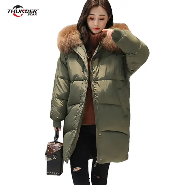 Furry hood padded long winter coat women Causal streetwear