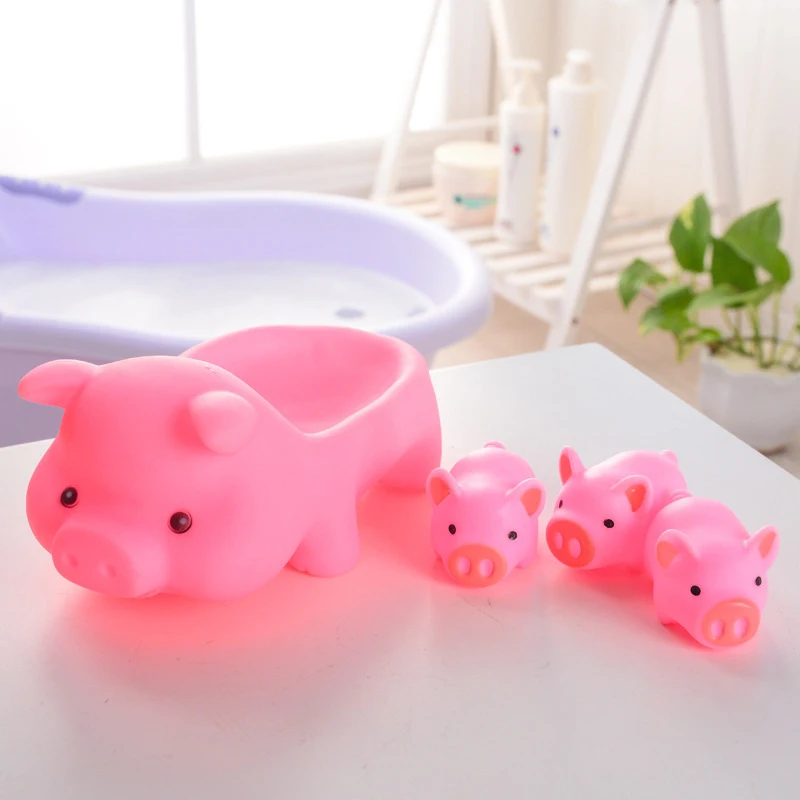low cost  4 Piece/Set Lovely Pink Pig Shaped Baby Bath Toy Rubber Float Squeaky Toy Bath Toy