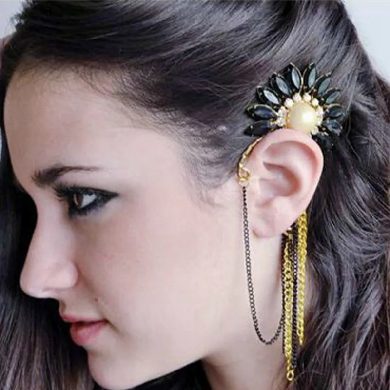 

1 Pcs Fashion Black Acrylic Crystal Flowers Tassels Chains Ear Cuff Earring For Women Clip On Earrings No Pierced