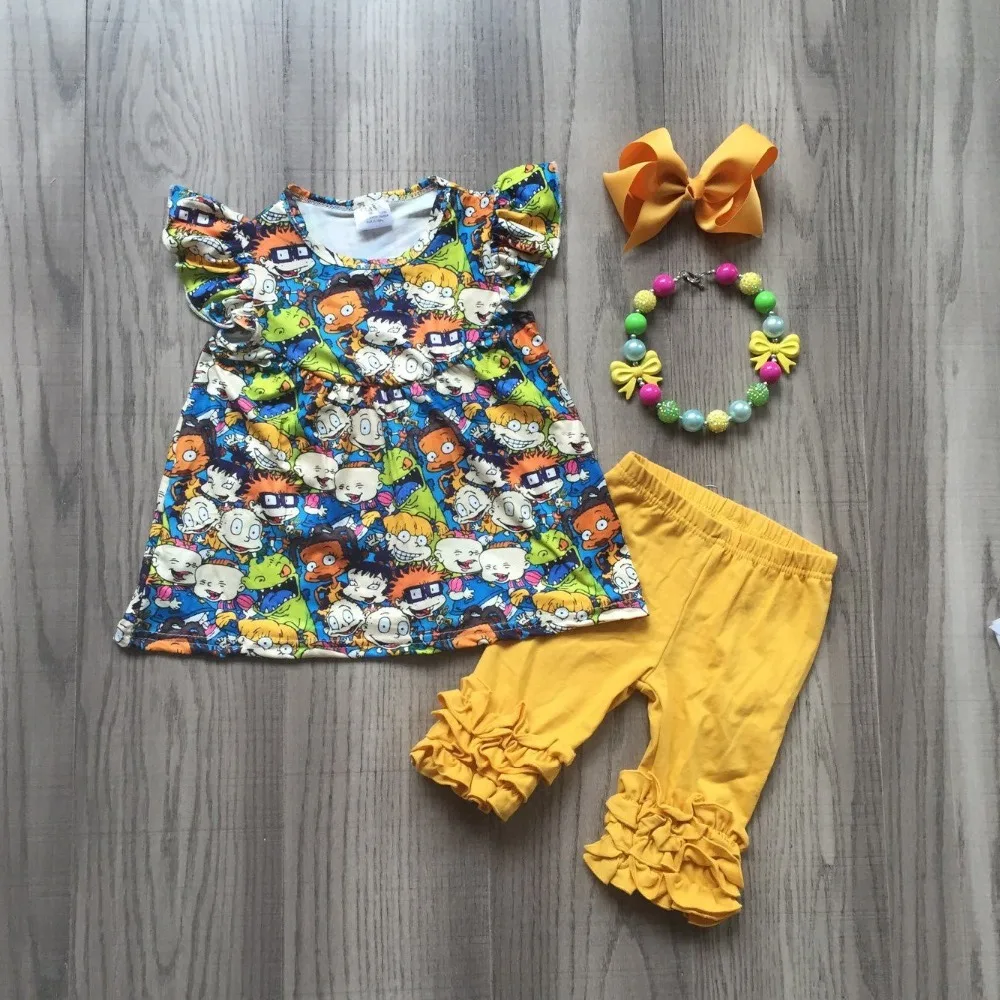 

new arrivals Summer baby girls boutique mustard floral Capri girls cotton outfit children clothes kids wear match accessories