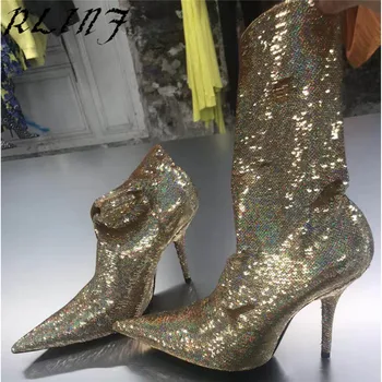 

RLINF 2018 Autumn New Large Size Women's Boots Fine High Heel Sequined Boots