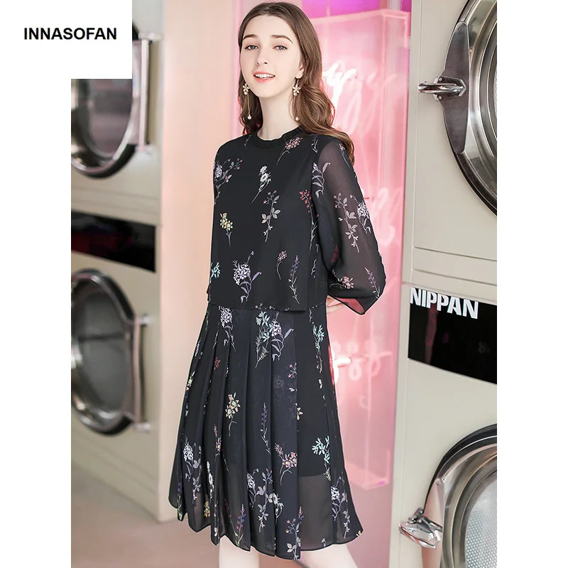 INNASOFAN chiffon dress for women Spring-summer pleated high waist dress Euro-American fashion elegant dress with flower print
