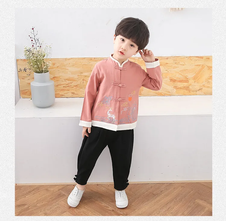 Children'S Traditional Chinese Clothing Retro Tang Suit Summer Boy Long Sleeve Trousers Cotton And Linen Tang Sets Boys SL1172