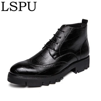 

New Fashion Pointed Toe Men Leather Shoes Lace Up Breathable Casual Brogue Shoes High Top Thick Sole Men Flats Shoes Size 38-44
