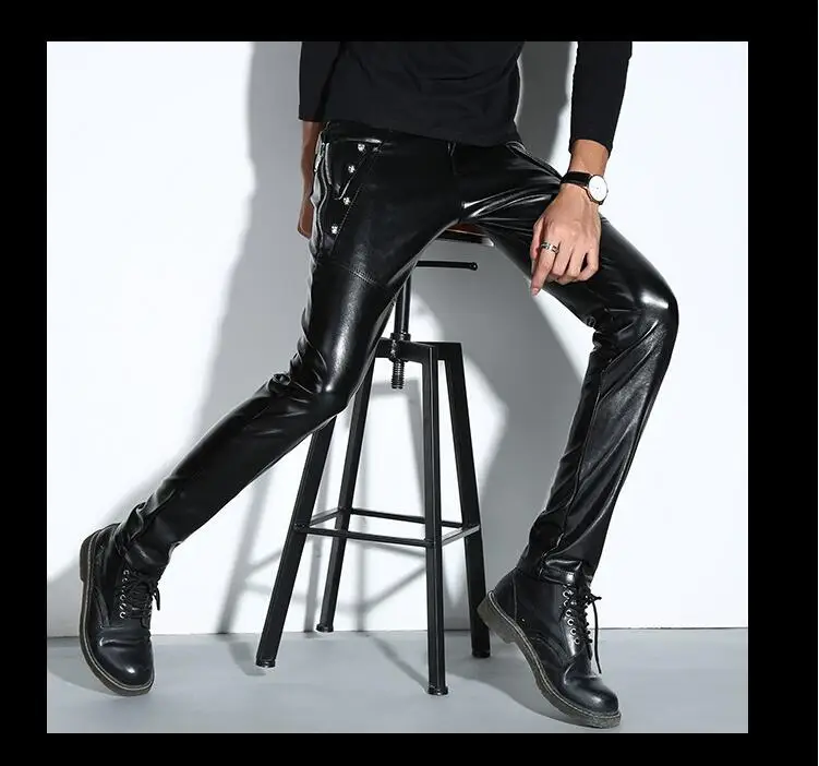 New Men Skinny Leather Pants Fashion Faux Leather Trousers For Male DJ Rock Stage Club Wear Biker Motorcycle Pants