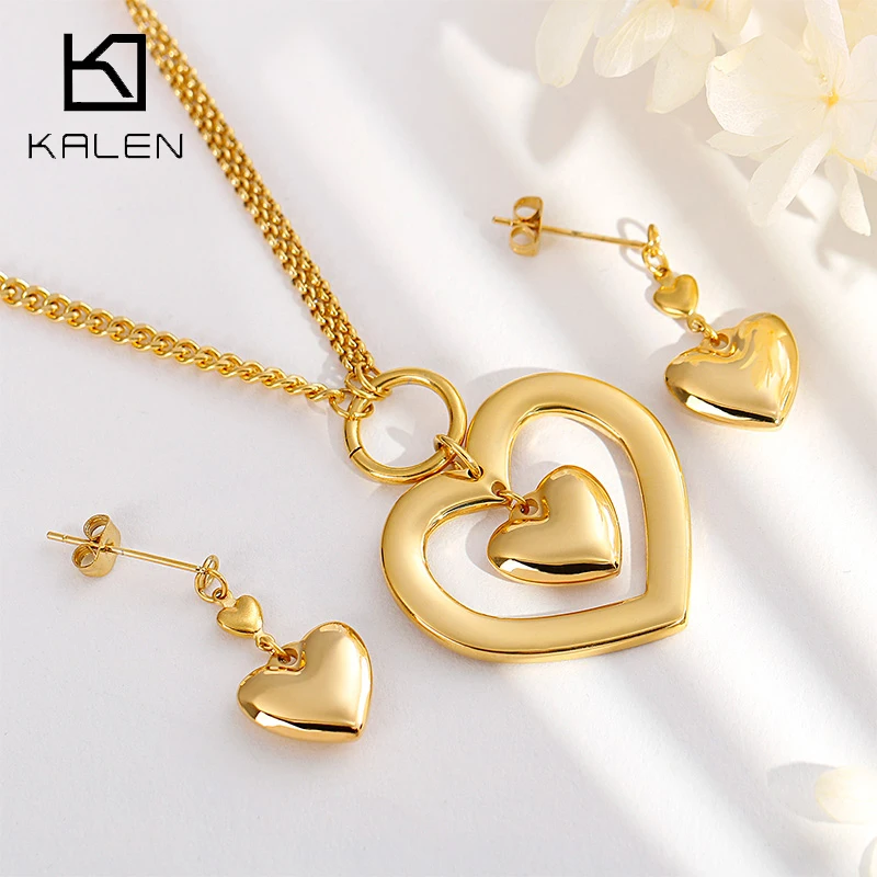 

Kalen New Jewelry Sets For Women Gold/Silver Stainless Steel Heart Necklaces & Earrings Sets Engagement Choker Sweetheart Gifts