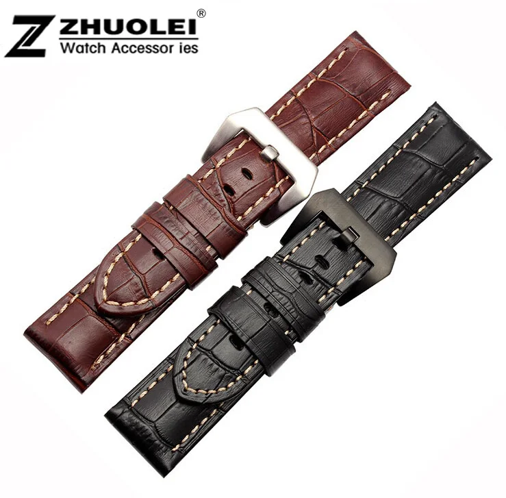 24mm Handmade Black Genuine Alligator Leather Pattern Watch Strap Band