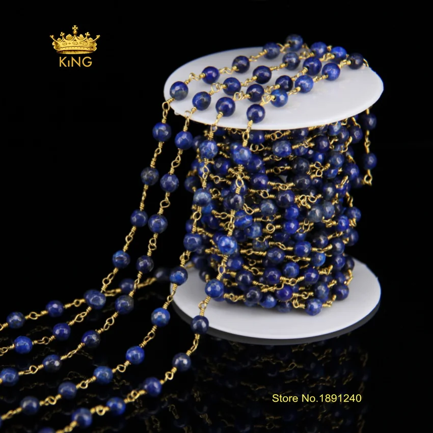 

5Meter Lapis Lazuli Faceted Round Beading Chains Findings,6mm Rosary Plated Bronze Wire Wrapped Natural Stones Necklace HX032