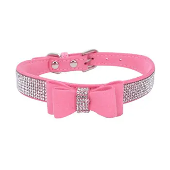 

Pet Dog Collar Harnesses Full Rhinestone Soft Seude Leather Dog Collar Bling Padded Bow Knot Puppy Cat Pet For Small Breeds
