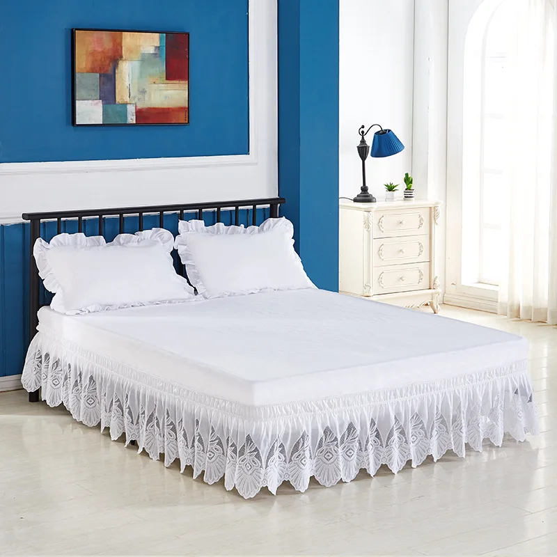 Кружевная Однотонная юбка для кровати с оборками, Высококачественная эластичная свободная кровать, фартук, кровать, юбка для близнецов, полная королева, большой размер, декор для кровати - Цвет: White