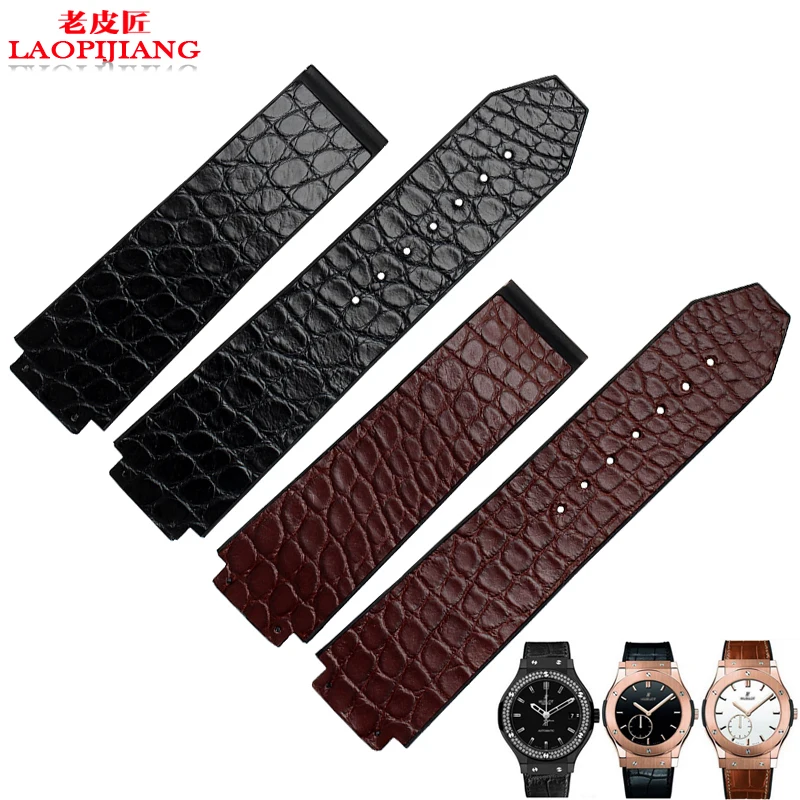 laopijiang Crocodile Leather Watchband buckle folding male adapter convex mouth 25 19MM watch black and brown