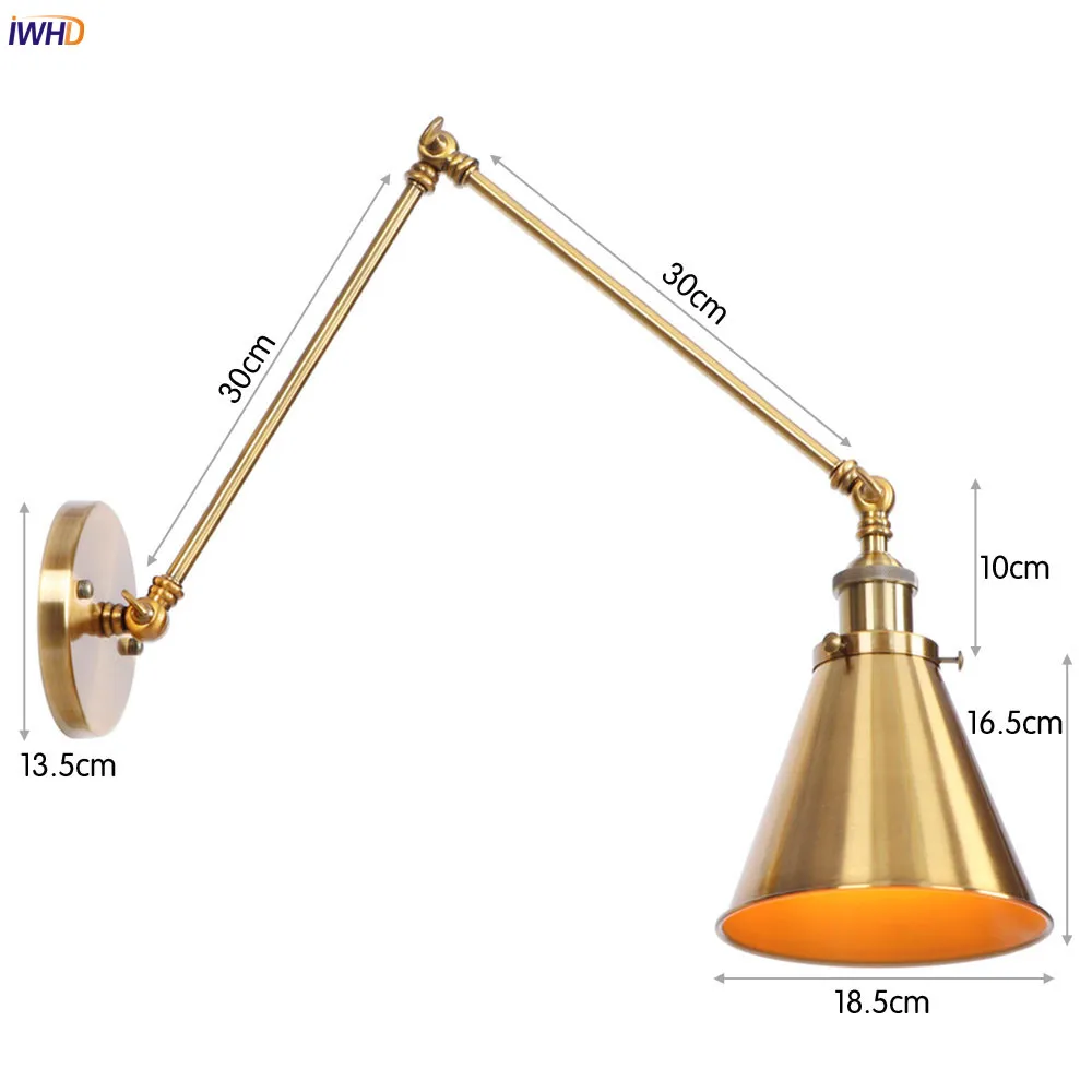 IWHD Золотая настенная лампа с длинным кронштейном винтажная спальня Лофт Регулируемые промышленные настенные светильники бра светодиодный стиль Эдисона домашнее освещение - Цвет абажура: Gloden