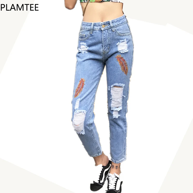 Plamtee embroidery distressed personality jeans woman spring loose high