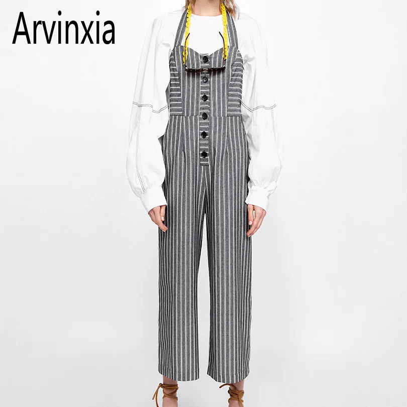 

Arvinxia ZA Sexy Spaghetti Strap Striped Woman Jumpsuits Cute Off Shoulder Slim Lady Rompers New Button Decorate Female Jumpsuit
