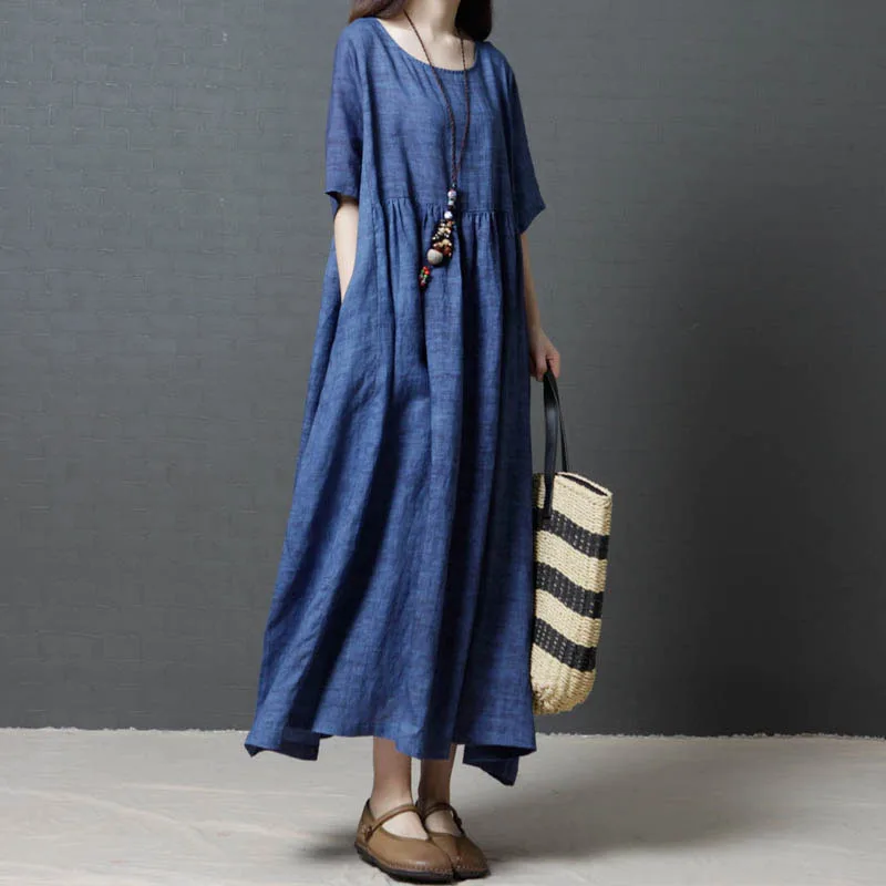 Хлопок и лен женские платья большие размеры свободные длинные синие повседневные женские платья Лето Новые модные платья наивысшего качества - Цвет: blue