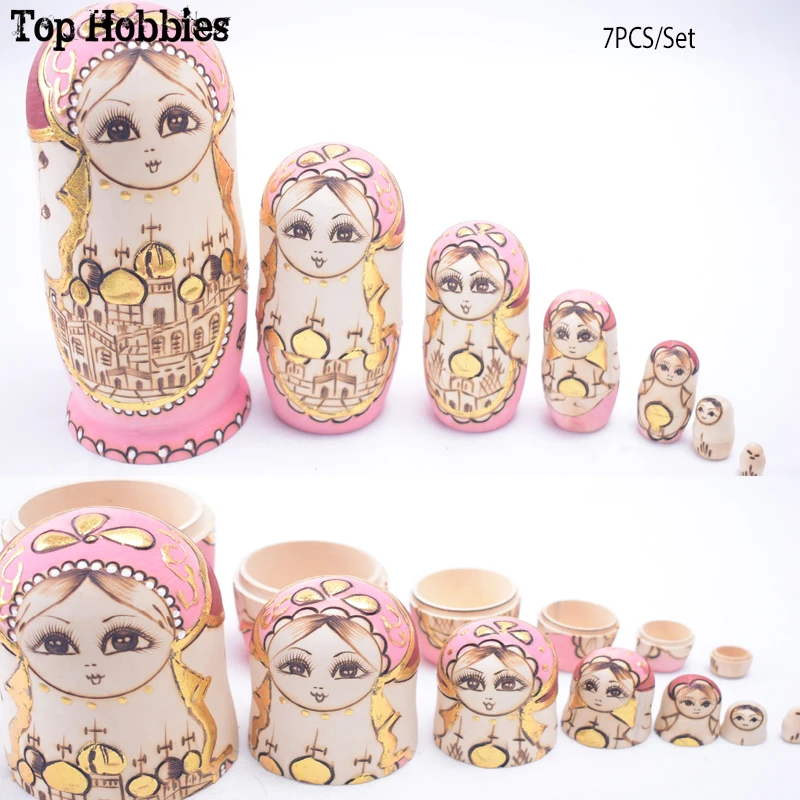 

Russian Nesting Doll Matryoshka Hand Painted 7 Dolls Nested 7 Layers Woman Russian Wood Nesting Doll Bronzing Castle Collection