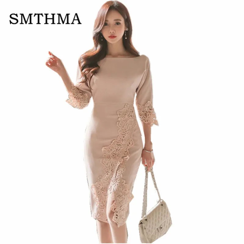 

SMTHMA Spring and Summer Korean version fashion lace Patchwork Package buttocks Dress vestidos verano 2019