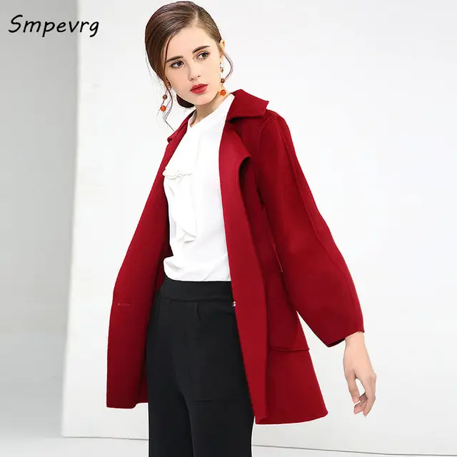 Smpevrg women cashmere coat double fabric short overcoat three quarter ...