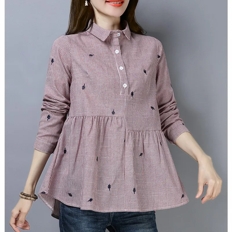 

2019 Plus Size Women Autumn Shirt Blue Stripe Floral Embroidery Femininos Blusas Vintage Long Sleeve Elegant Casual Lady Blouse