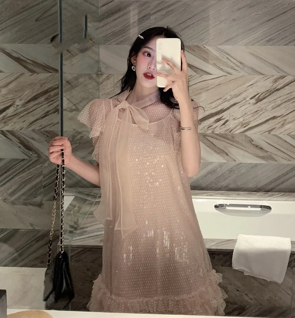 WHITNEY WANG/ летнее модное уличная одежда из 2 предметов с блестками и милым бантом, кружевное платье для женщин, летнее платье для девочек, праздничные платья