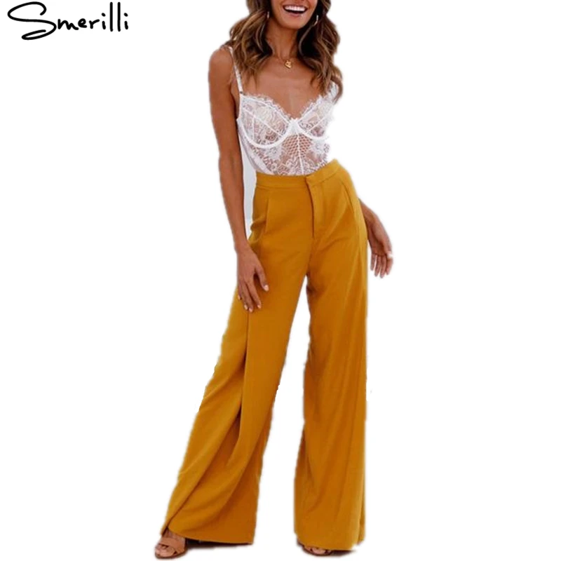 2018 Women Orange Wide Leg Chiffon Pants High Waist Tie Waist Trousers