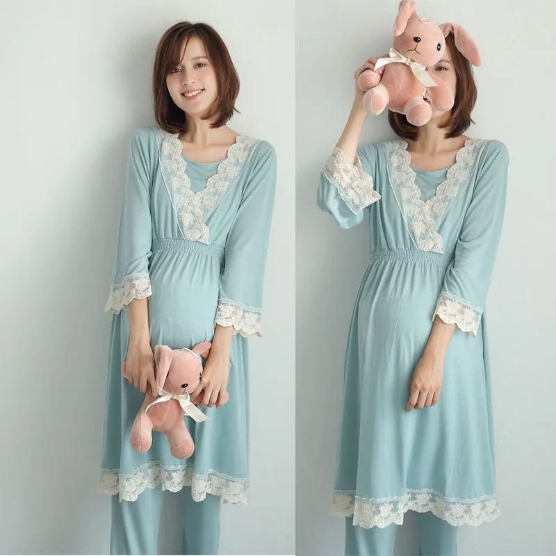 Cotton Maternity Pajamas Sets Adjustable Cardigan+Trousers Sleepwear V Collar Pregnant Women Nursing Clothing Lace Nightgown