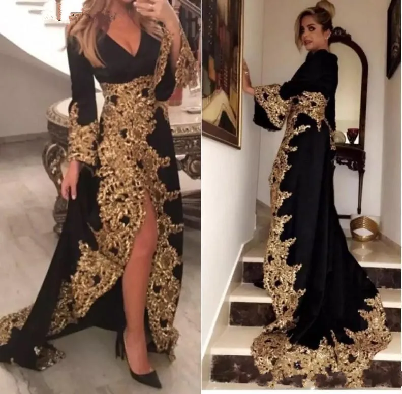 

Kaftan Dubai Style Muslim Evening Dresses Long Sleeves Black Velour Gold Appliques Ladies Formal Prom Gowns 2019 robe de soiree