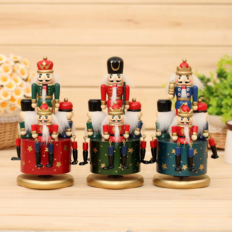 Wood Soldier Drummer Nutcracker/Carousel Wind Up Music Box Home Decor Ornaments 
