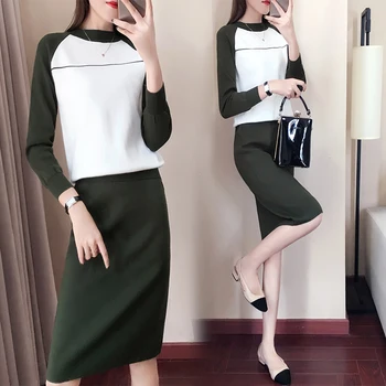 

kint suit two pcs clothing set 2018 autumn winter new pullover knitting sweaters long skirt bodycon knitwear vestido lady
