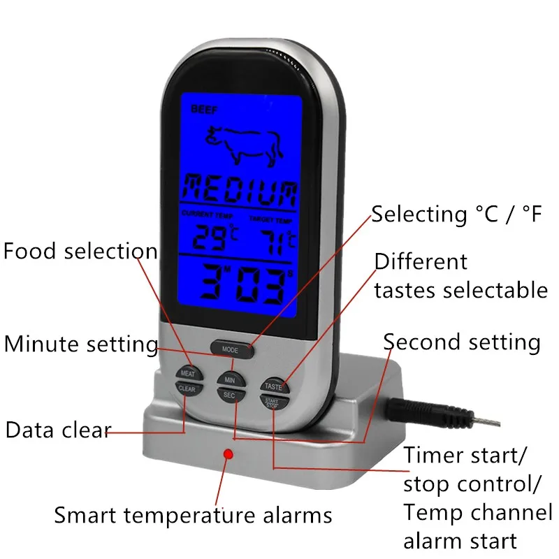 Цифровой дистанционный беспроводной термометр для еды, духовка, барбекю, кухня, приготовление пищи, температура °C/°F, переключатель с датчиком, зонд Скидка 40