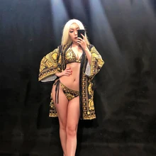 Ди-джей в ночном клубе с золотым цветочным принтом бикини+ пальто Женская Сексуальная шикарная одежда модные костюмы сценическая одежда пляжные Вечерние боди